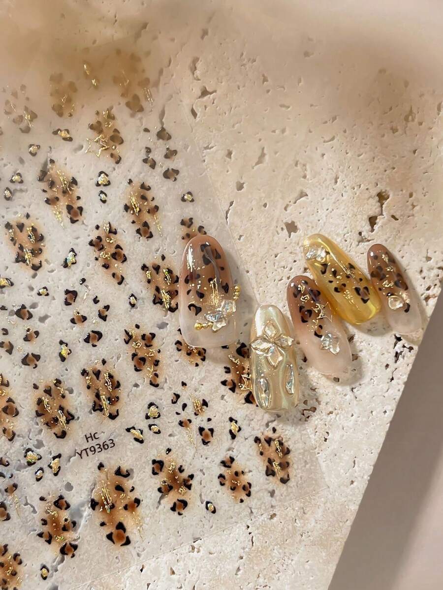 復古豹紋 Y2K 閃亮藍色閃光五角星小星星棕色光暈染飾黏貼式美甲飾品貼紙美甲貼紙