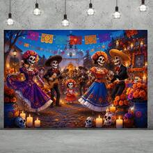 1pc 2D Flat Mexican Day Of The Dead Marigold Background Cloth, Polyester Material, Marigold And Skeleton Dance Design, Suitable For Day Of The Dead Memorial Party, Mexican Theme Event, Halloween Decoration And Party Setup - A - View 13
