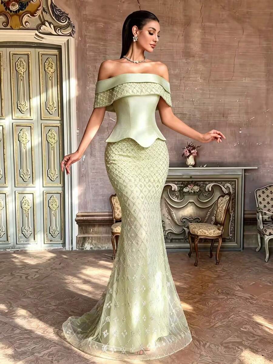 AMILUCK High-End Fashion Women's Elegant Sequin & Pearl Decor Matte Satin Square Neck Ruffle 2-In-1 Fitted Mermaid Skirt, Suitable For Formal Weddings