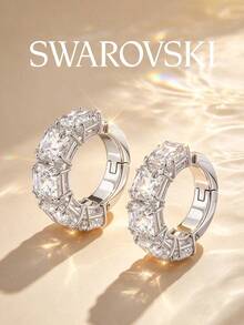 Anting-anting Lingkaran Kristal Potongan Persegi SWAROVSKI Bertabur Kristal Penuh, Bentuk Persegi Meruncing, Hadiah Ulang Tahun untuk Pacar - Perak - View 2