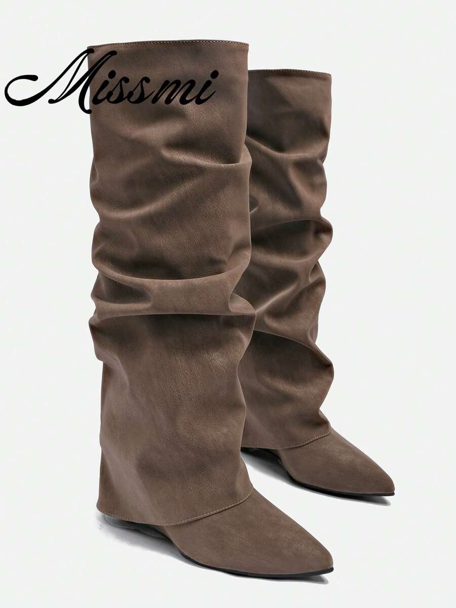 Women's Over-The-Knee Tall Boots, New Autumn/Winter Slimming High Heel Chunky Heel Wedge Heel Fold-Top Boots - Brown - View 1