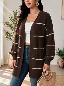 Plus Size Women's Striped Open Front Knit Cardigan, Long Sleeve Drop Shoulder Loose Sweater Jacket With Pockets, Casual Street Style Outerwear For Autumn/Winter - Coffee Brown - View 3
