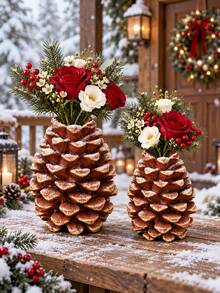 1pc Christmas Pine Cone Vase Decor Ornament, Vintage Style Holiday Centerpiece Decoration, Suitable For Flowers, Fireplace Mantel, Dining Table And Winter Home Decor, Available In 2 Sizes - A - View 1