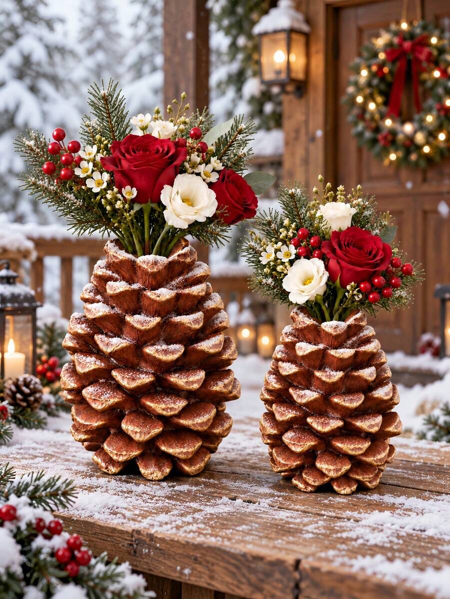 1pc Christmas Pine Cone Vase Decor Ornament, Vintage Style Holiday Centerpiece Decoration, Suitable For Flowers, Fireplace Mantel, Dining Table And Winter Home Decor, Available In 2 Sizes - A - View 1