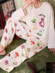 Gongdie Disney Women's Cartoon Print Long Sleeve Top And Pants Pajama Set - White - View 5