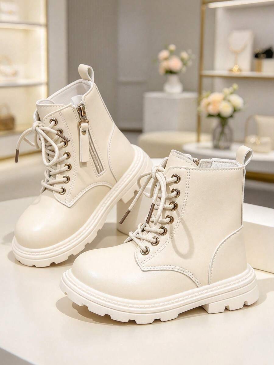 1 Pair Kids' Short Boots, Round Toe, Elastic Soft Sole, Inner Zipper Design, Fashionable Exquisite British Style Mid-Calf Leather Boots, Suitable For Daily School, Holidays, Gatherings, Outdoor, Autumn/Winter New Style - Apricot - View 1