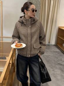 Women's Overcoat, Vintage Houndstooth Pattern, Zipper Hooded, Commute Minimalist, Casual Daily Wear, Warm And Comfortable, Autumn/Winter - Multicolor - View 1