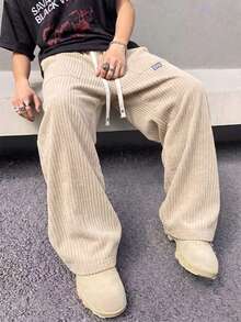 Brand Off-White Vertical Striped Corduroy Cargo Pants For Men, Loose Fit Drape Wide Leg Long Pants With Drawstring Waist And Patch Label, Versatile Casual Trousers - Khaki - View 2