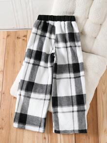 1pc Autumn/Winter 8-12Y Kids Fleece Asymmetrical Print Long Pants, Casual Comfortable Student Trousers - Black and White - View 2
