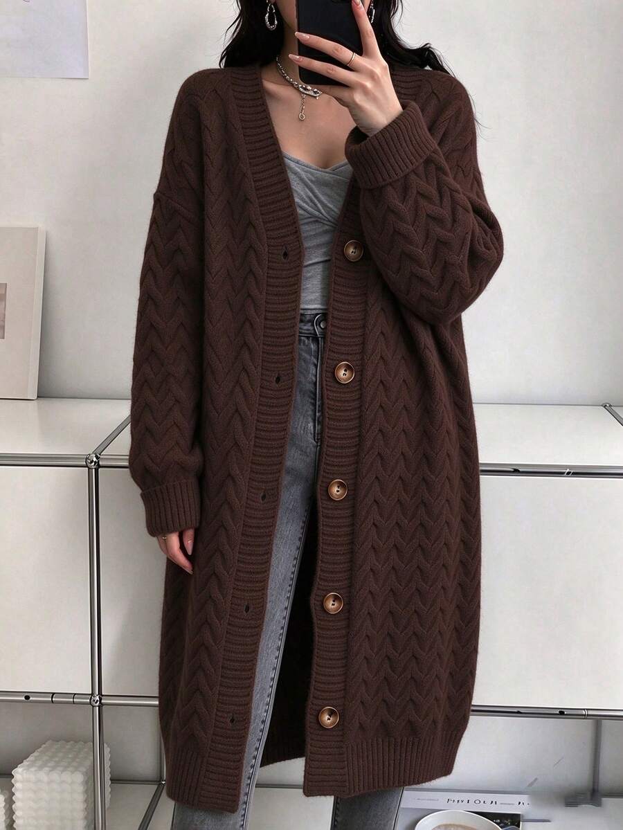 Women's Plus Size Wavy Textured Knit Long Cardigan, V-Neck Front Button Drop Shoulder Long Sleeve Solid Color Sweater Jacket, Autumn/Winter Casual Outerwear