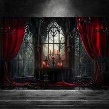 1pc 2D Gothic Arch Banner Backdrop, Elegant Gothic Style Party Decoration With Dark Church Windows And Red Curtains, Suitable For Haunted House Events, Parties, Carnivals And Photography Background - Multicolor - View 11