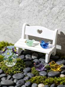 Handmade Mini Glass Bird & Flower Statue Set With Mini Bench, Miniature Art Glass Decor For Desk, Bookshelf, Terrarium, Ideal Collectible Gift For Craft Enthusiasts And Home Decor Lovers, Christmas, Halloween - A - View 5