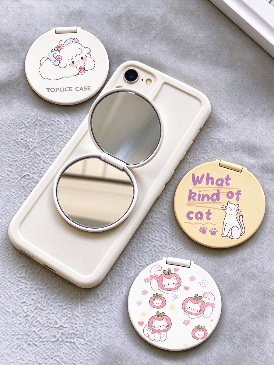 1 PC Cute Apple Cat Double-Sided Mirror Flip Cover Makeup Mirror Phone Stand Adhesive Type Lazy Person Universal Support Simple Stand, Suitable For IPhone And Android Phones, Birthday Gift, Double-Sided Mirror Phone Stand For Family And Friends - Multicolor - View 1