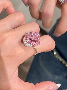 1pc Sweet Personalized Pink Flower Glass Open Ring, Suitable For Women's Ball, Party, Vacation, Holiday Wear - Silver+Pink - View 3