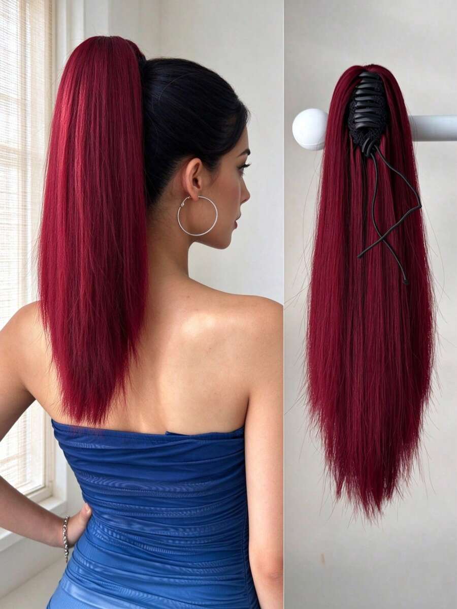 Claw Ponytail Hair Extension, Red, 16 Inch Straight Heat-Resistant Synthetic Fiber Ponytail Wig, Suitable For Women's Daily Use
