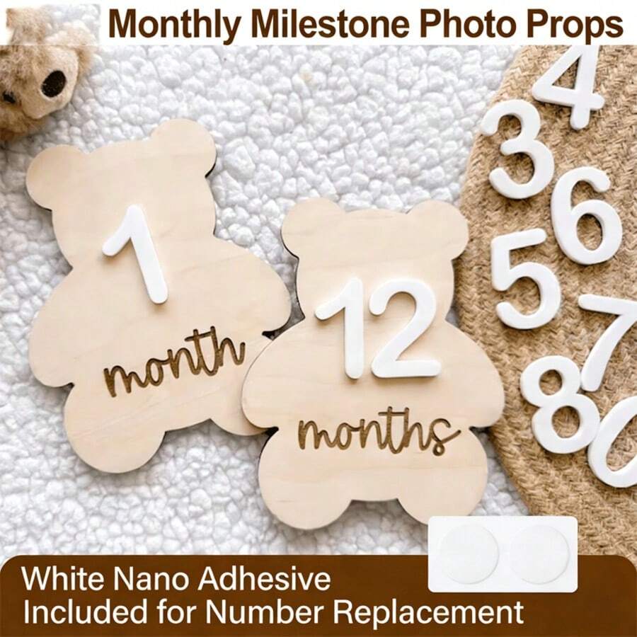 1 Set Bear Design Newborn Growth Milestone Props, Suitable For 1-12 Months Growth Record, Used For Birthday, Baptism Photography, Newborn Anniversary - White - View 1