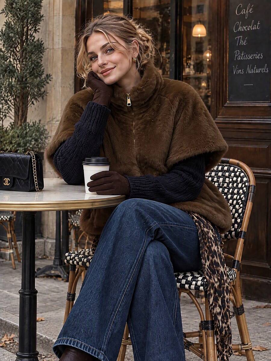 2026 New Women's Coffee Color Old Money Style Faux Fur Solid Color Winter Short Sleeve Jacket With Pockets - Brown - View 1