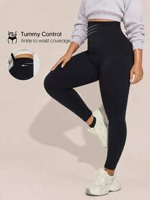 Plus Size Women Highly Elastic Abdomen Slimming And Hip-Lifting Leggings Casual Black Spring Fall - Black - View 1