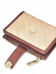 Women's Vintage Short PU Woven Textured Patchwork Contrast Color Trim Bifold Wallet With Exquisite Clasp Magnetic Closure, Multi-Function Card Holder ID Organizer Compact Zipper Coin Purse - Multicolor - View 2