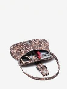 1pc Vintage Button Decor Leopard & Deer Print Pleated Cloud Flap Chain Underarm Tassel Bag, Suitable For Date, Outing And Party - Multicolor - View 5