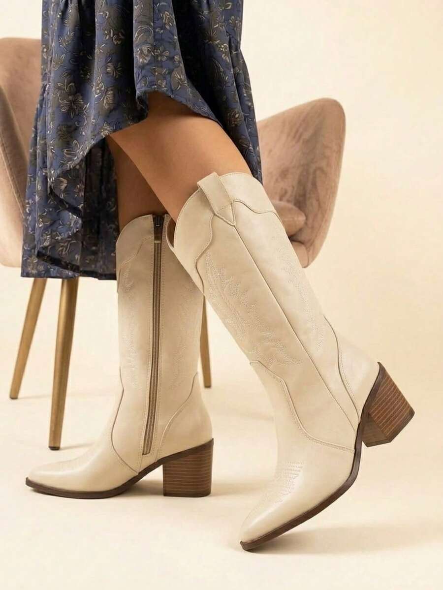 Women Mid-Calf Boots - Latte - View 1