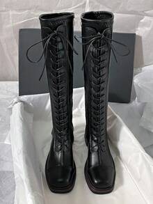 女款方頭粗跟側拉鍊休閒拼接麂皮修身極簡高跟長靴 - 黑色 - 查看 3