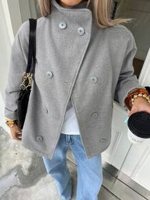 Business Casual Grey Wool Short Jacket | Women's Double-Breasted High Collar Blazer | 2026 Autumn/Winter Office Commute | Holiday Vacation Outfit - Grey - View 4