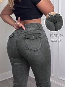 Plus Size Slim Fit Denim Jeans With Zipper Pockets And Button Details, High Elastic Comfortable Fit, Casual Women's Pants, Slim Fit, Autumn Fall - Grey - View 3