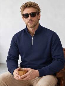 Men's Half-Zip Stand Collar Sweatshirt, Autumn/Winter Navy Blue Solid Color Raglan Sleeve Loose Casual Long Sleeve Pullover Top - Navy Blue - View 3