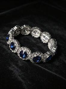 1PC Blue Round Fashionable Elastic Bracelet, Retro High-End Light Luxury Elegant Sparkling Rhinestone Women's Bracelet, Daily Wear Holiday Gift - Multicolor - View 4