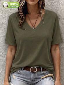 100%純棉女款軍綠色V領短袖T恤上衣，春夏款 - 軍綠色 - 查看 3