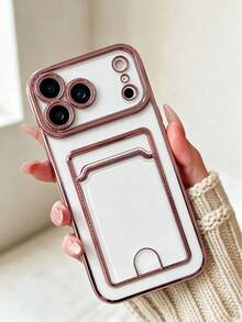 Casing Ponsel dengan Pinggiran Emas Berlapis Elektrolit, Tempat Kartu, Jendela Pelindung Lensa Besar, Slot Kartu Belakang Transparan untuk Kartu Akses/ID, Casing Pelindung TPU Premium Mewah Cangkang Lembut Cakupan Penuh dengan Slot Kartu Terintegrasi, Cocok dan Kompatibel dengan iPhone 18 Pro Max/18 Pro/Duo/17 Air/18/17/16/15/14 Plus/13 Series - Rose Gold - View 1
