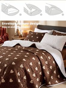 2/3pcs Heart Pattern Bedding Set, 1pc Quilted Comforter + 1/2pcs Pillowcase (Filling Not Included), Brown Bedspread Bedding, Soft Breathable Comfortable Portable Machine Washable, Bedroom Decor, Single/Double/Queen Size, Autumn Bedroom Decor, Christmas Gift - Multicolor - View 4