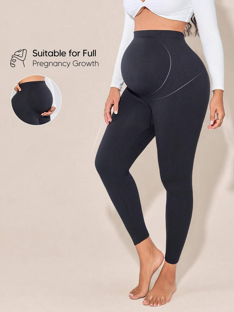 Maternity Support Leggings With Elastic Belly Band, Comfortable And Snug Fit, Supports Baby Bump - Black - View 1