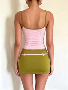 DOUCIU 2pcs Sexy Girl Sheer Pink Fitted Tank Top + Lace-Up Mini Skirt Set Beach Vacation Style - Pink - View 2