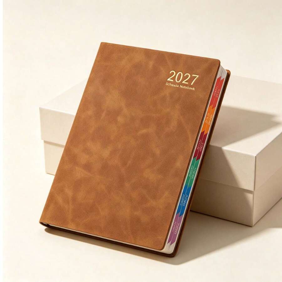 2027 Brown A5 Daily Planner Notebook PU Leather Hardcover Schedule Book With Colorful Index Divider Pages, Daily/Monthly/Yearly Goal Setting Pages, Suitable For Business, Office, Study, Home, Back To School, Teacher's Day, Nurse's Day, Business Gift, New Year Gift - A5 - View 1