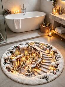 1pc Winter Christmas Magic Castle Round Rug, Snowy Ancient Castle Christmas Tree Night Scene Pattern, Thick Anti-Slip Bedroom Bedside Holiday Mat, Bedside Rug, Decorative Rug, Welcome Mat, Rug, Floor Mat, Outdoor Door Mat, Kitchen Home Decor, Front Door Mat, Area Rug, Outdoor Mat, Home Decor, Garden Rug, Washable Rug - Multicolor - View 4