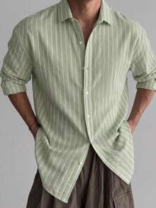 Men's Striped Long Sleeve Single-Breasted Casual Shirt, Versatile & Comfortable, Holiday Gift, Slightly Dropped Shoulder Loose Fit, Relaxed & Casual Style, Breathable - Mint Green - View 3
