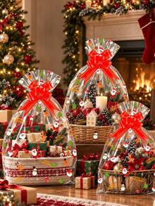 20pcs/Set Christmas Gift Basket Packaging Bags, 70*50cm Transparent Plastic Cellophane Candy Bags, Printed With Santa Claus Reindeer Snowman Patterns, Large Gift Packaging Bags With Red And Gold Edge Bow Ribbon, Suitable For Holiday Gift Baskets, Christmas Gift Wrapping Supplies - Multicolor - View 4