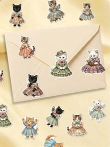 50pcs PP Material Downton Escape Cat Stickers, Vintage British Aristocratic Style, Including Victorian Dress Cat, Manor Cat, Tea Party Cat, Pocket Watch Elements, Suitable For Scrapbooking, Water Bottles, Luggage, Skateboards, Tablets, Notebooks, Storage Boxes, DIY Crafts Decoration - Multicolor - View 7
