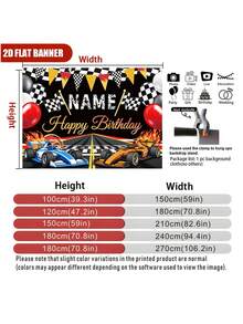 Customizable Name Racing Car Theme Happy Birthday Backdrop, Racing Flame Black & White Checkered Flag Balloon Decor Design, Suitable For Racing Car Theme Happy Birthday Cake Table Background Decoration Photography Banner Vinyl - Black - View 6