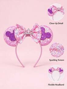 Disney 1pc Popular Pink Iridescent Sequin Mickey Ear Headband, Purple Mickey Silhouette & Rhinestone Crown Bow Hair Hoop, Must-Have For Theme Park, Wedding & Holiday Party - Style 1 - View 5