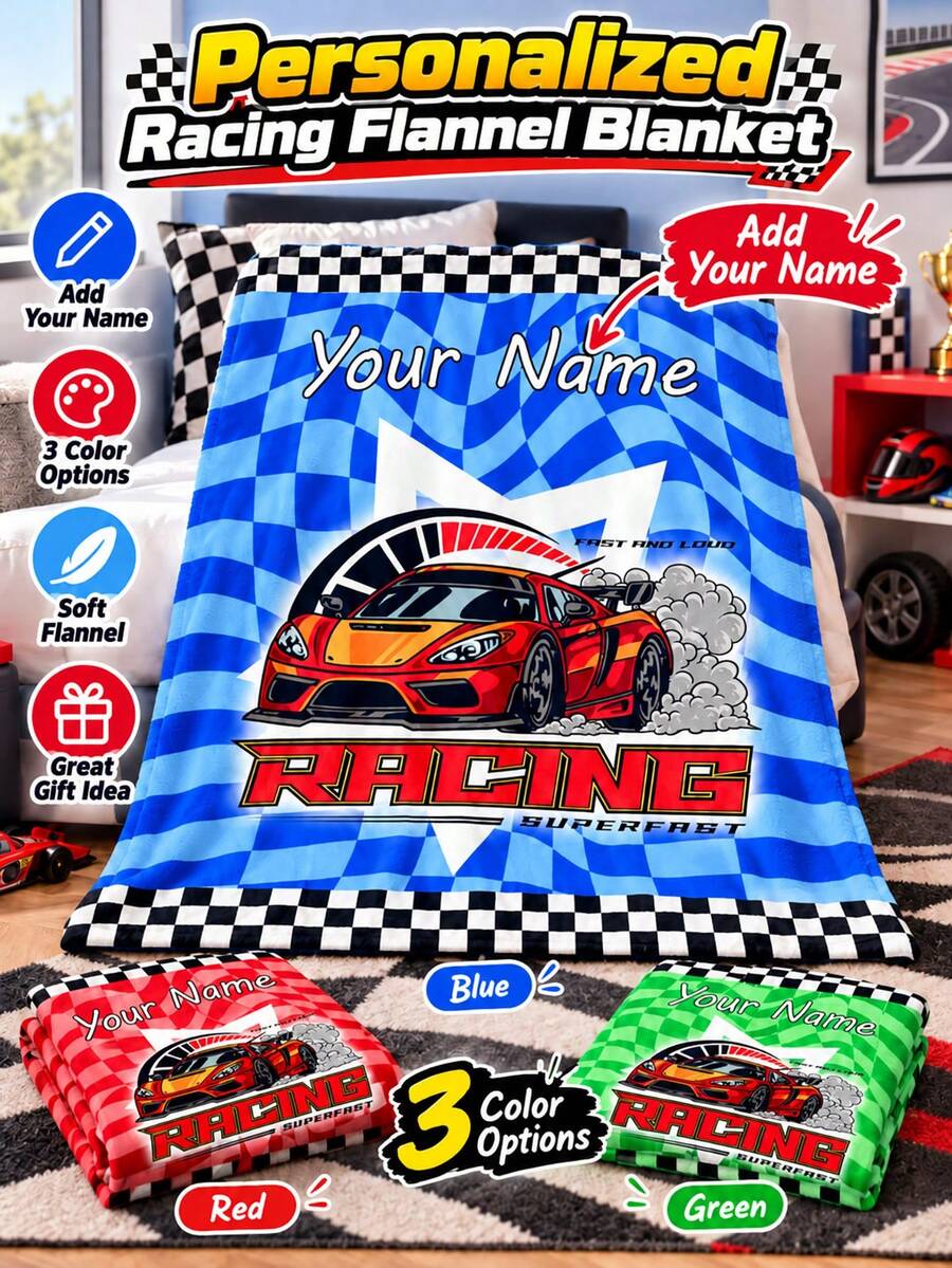 1pc Personalized Customized Text Blanket, Racing Pattern Commemorative Blanket, Wall Hanging, Photo Portrait Blanket Design, Suitable For Girls, Boys, Adults, Valentine's Day, Lightweight, Baby Blanket, Suitable For Mother's Day, Birthday, Children's Day, Father's Day, Graduation, Wedding, Christmas, Halloween - Multicolor - View 1
