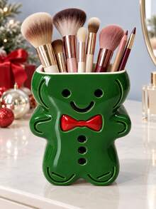 1pc Christmas Gingerbread Man Makeup Brush Holder, Cute Bow Tie Cosmetic Organizer For Lipsticks & Beauty Tools, Festive Vanity Desktop Decor - Multicolor - View 10