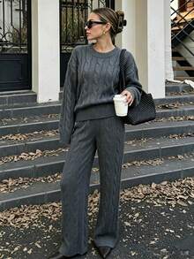 2 Pieces Set Elegant Elegant Cable Knit Round Neck Solid Color Long Sleeve Pullover Sweater And Fashion Casual Versatile Loose Wide Leg Knit Pants - Grey - View 6