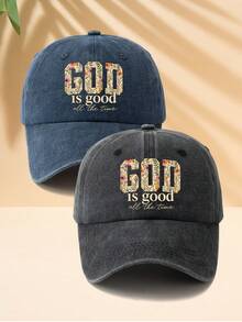 1件女款花卉 GOD IS GOOD 印花戶外休閒時尚可調尺寸防曬熱門復古街頭風個性化四季水洗棒球帽，適合日常穿著 - A - 查看 15