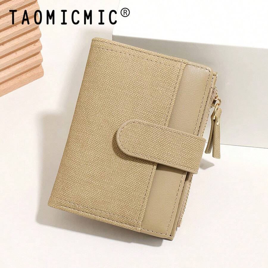 Women's Clutch Wallet, Patchwork PU Small Bifold Wallet, Snap Closure, 6 Card Slots Photo Compartment Zipper Coin Purse, Portable Women's Wallet