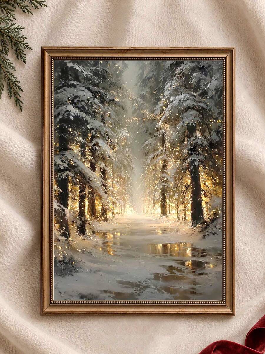 1件裝 雪林畫布壁飾 金色冬季森林小徑氛圍油畫風景印畫 聖誕老人 Yuletide 聖誕節 畫布牆面裝飾 熱門冬季農舍風畫布海報 適合現代居家裝飾 房間 客廳 浴室 廚房 家居裝飾 - H - 查看 1