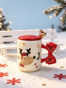 1pc Christmas Mug With Red Lid, Ceramic Mug Cute Bow Handle Coffee Tea Cup, 3Xmas Patterns Holiday Table Decor, Secret Santa Christmas Gift - Multicolor - View 6