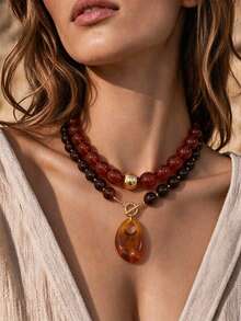 1 pieza Collar de cuentas bohemio con patrón de mármol exagerado, grueso y apilable, adecuado para vacaciones - Collar degradado multicolor vintage - Ver 26